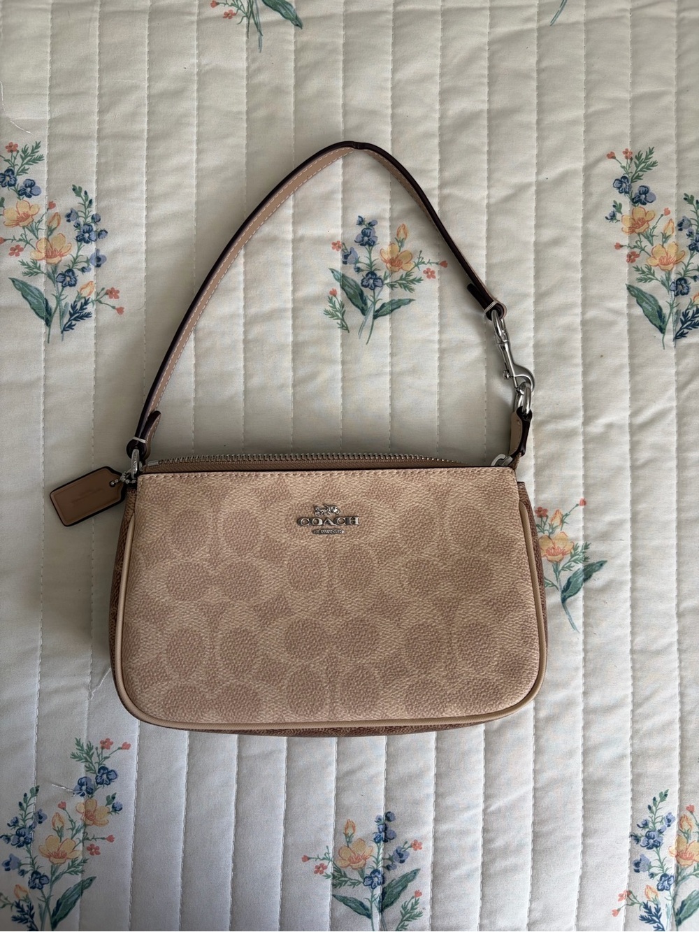 Coach Outlet Tan 7” Mini Shoulder Bag with silver hardware